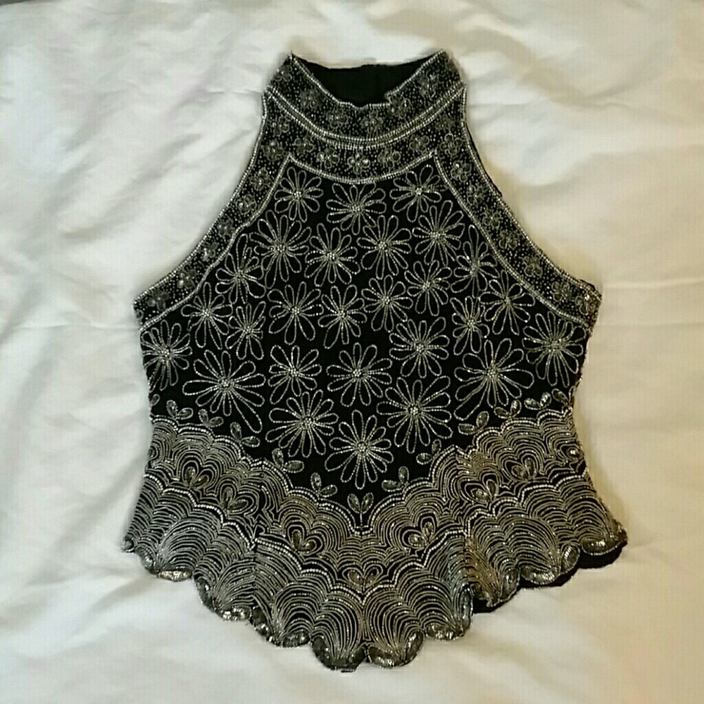 Beaded Top High Neck Sleeveless Black Silver